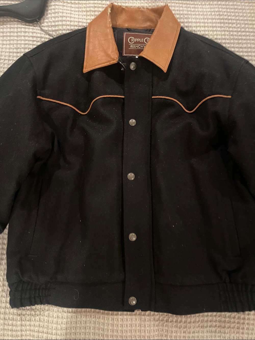 Cripple Creek Ranchwear Black Bomber Jacket with Brown Leather Collar